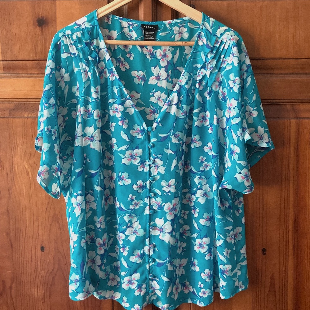 Torrid Turquoise Floral Chiffon Button Blouse